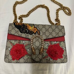 Gucci Beige GG Canvas Shoulder Bag with Red Floral Embroidery and Gold Chain